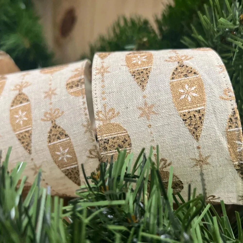 Gold Glitter Ornaments Wired Edge Ribbon 2.5 Inch Christmas Craft Supplies